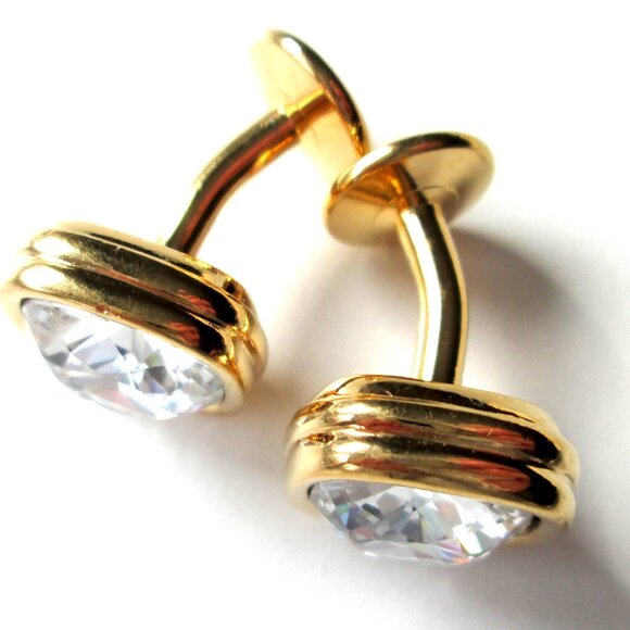 ✨ SWAROVSKI Swan Mark Cufflinks Cuff Links Clear Crystals Gold Tone - Picture 2 of 12
